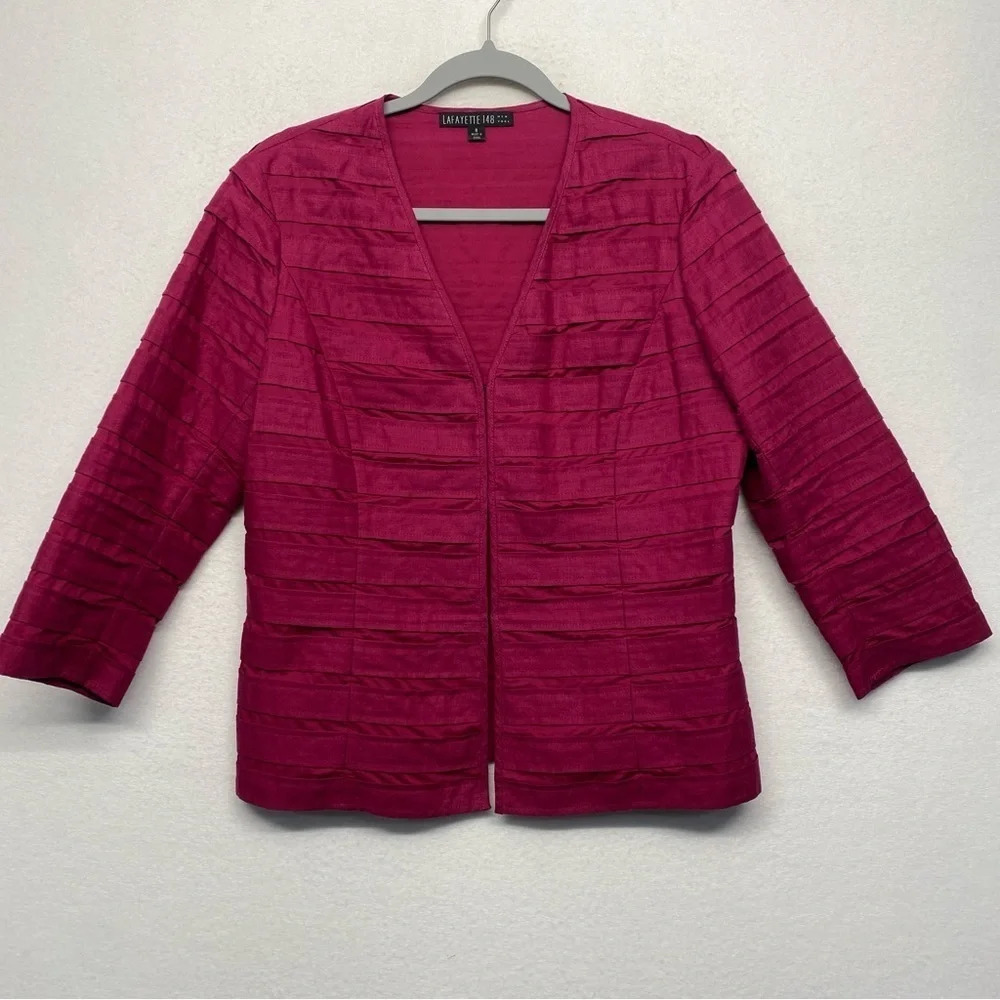 Lafayette 148 New York Linen Stripe 3/4‎ Sleeve Jacket Blazer 8 Fuchsia Hot Pink